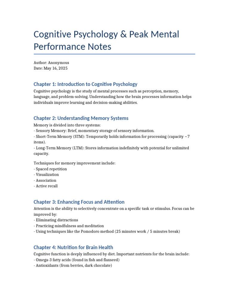 Image showcasing Cognitive Psychology and Peak Mental Performance Notes | PDF