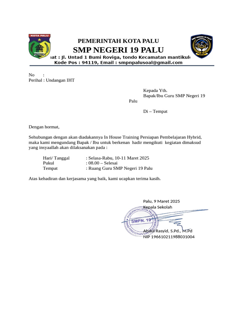Undangan IHT Pembelajaran Hybrid SMP 19 | PDF