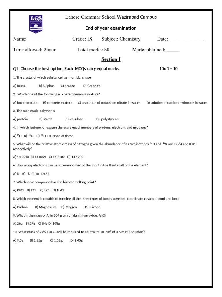 Chemistry Exam for Grade IX Students | PDF | Chemical Bond | Chemical ...