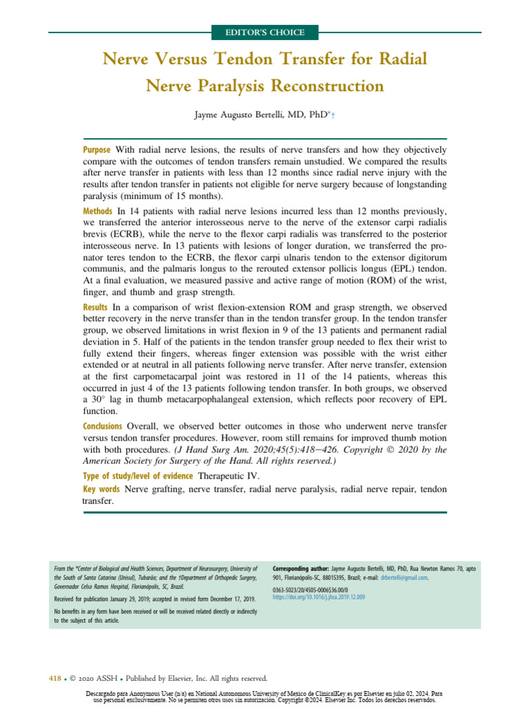 Nerve vs. Tendon Transfer in Radial Nerve Repair | PDF | Thumb ...