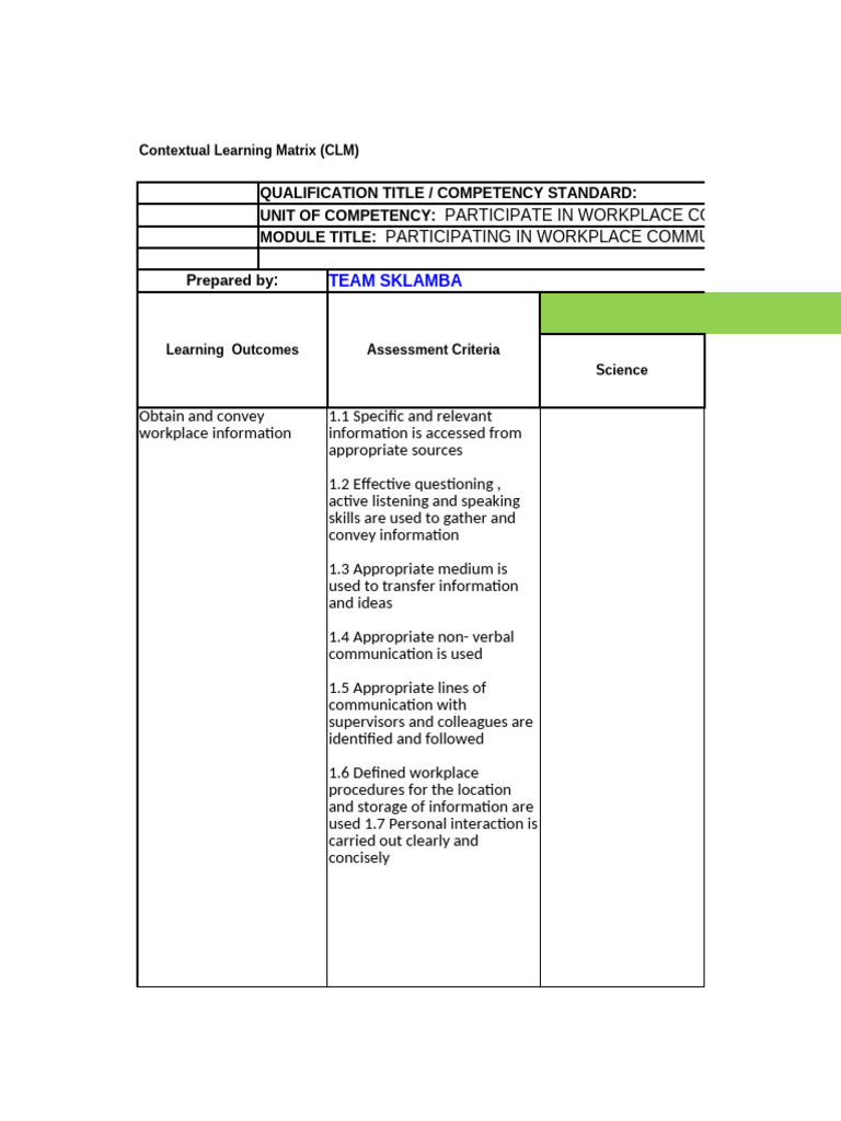 Contextual Learning Matrix for Workplace Skills | PDF | Occupational ...