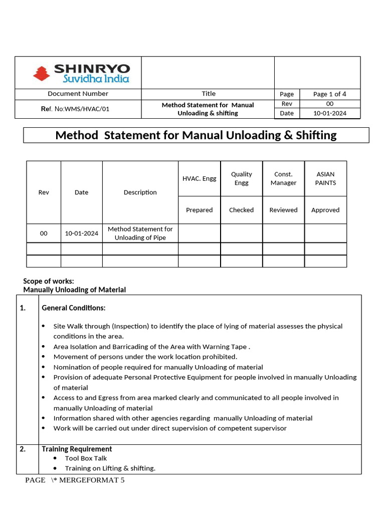 Manual Unloading Method Statement | PDF | Personal Protective Equipment ...