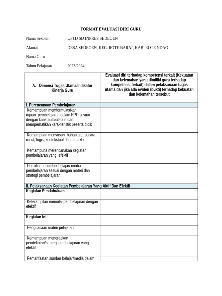 Format Evaluasi Diri Guru 2023/2024 | PDF