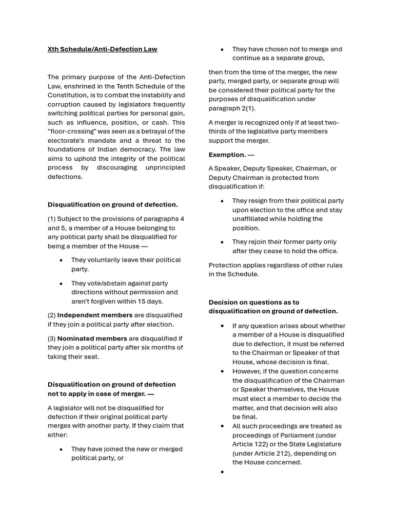 XTH Schedule - Anti Defection | PDF | Governance | Separation Of Powers