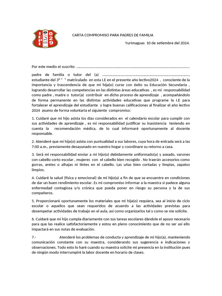 Carta Compromiso para Padres de Familia Reforzamiento | PDF ...