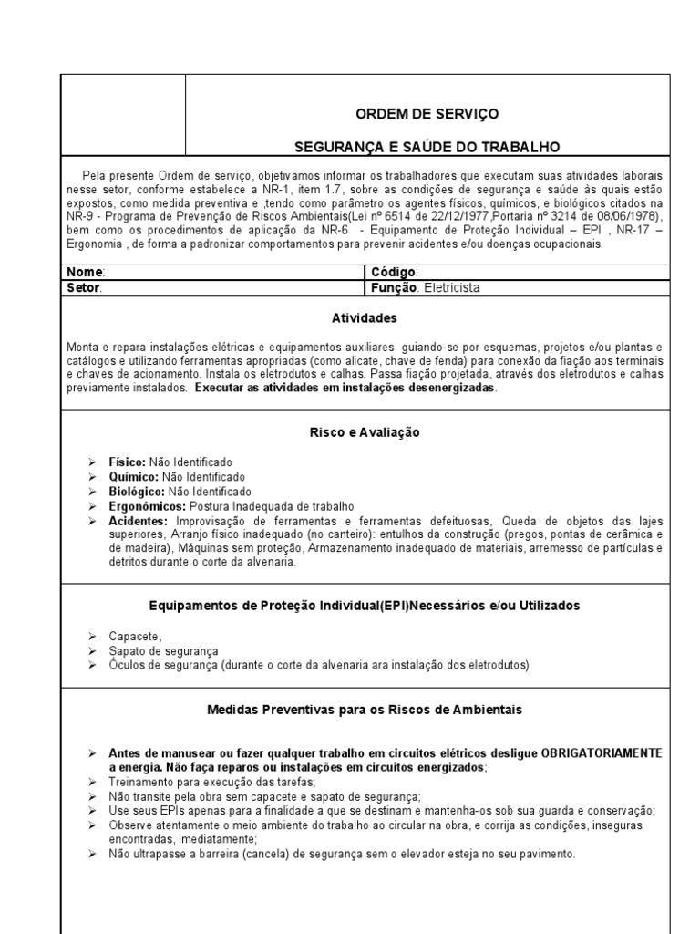 ORDEM DE SERVIÇO - ELETRICISTA (1) | Eletricista | Natureza