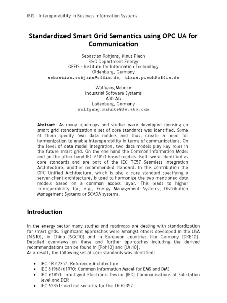 Standardized Smart Grid Semantics Using OPC UA For Communication | PDF ...