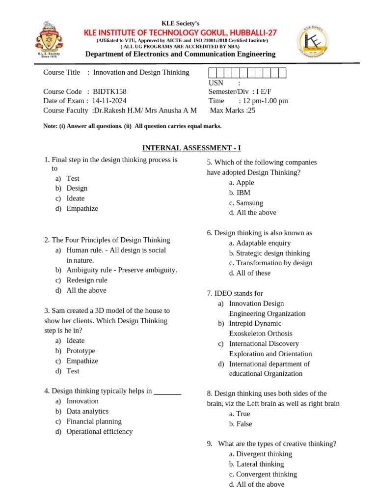 Design Thinking Exam Questions | PDF | Design Thinking | Thought