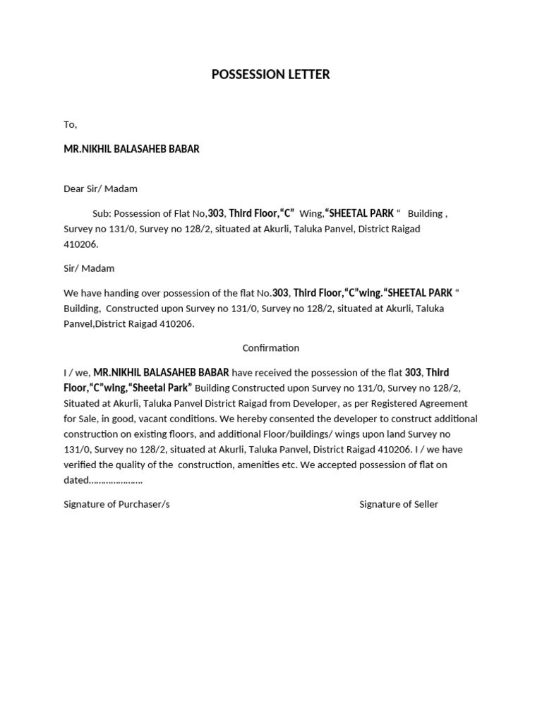 Possession Confirmation for Flat 303 | PDF