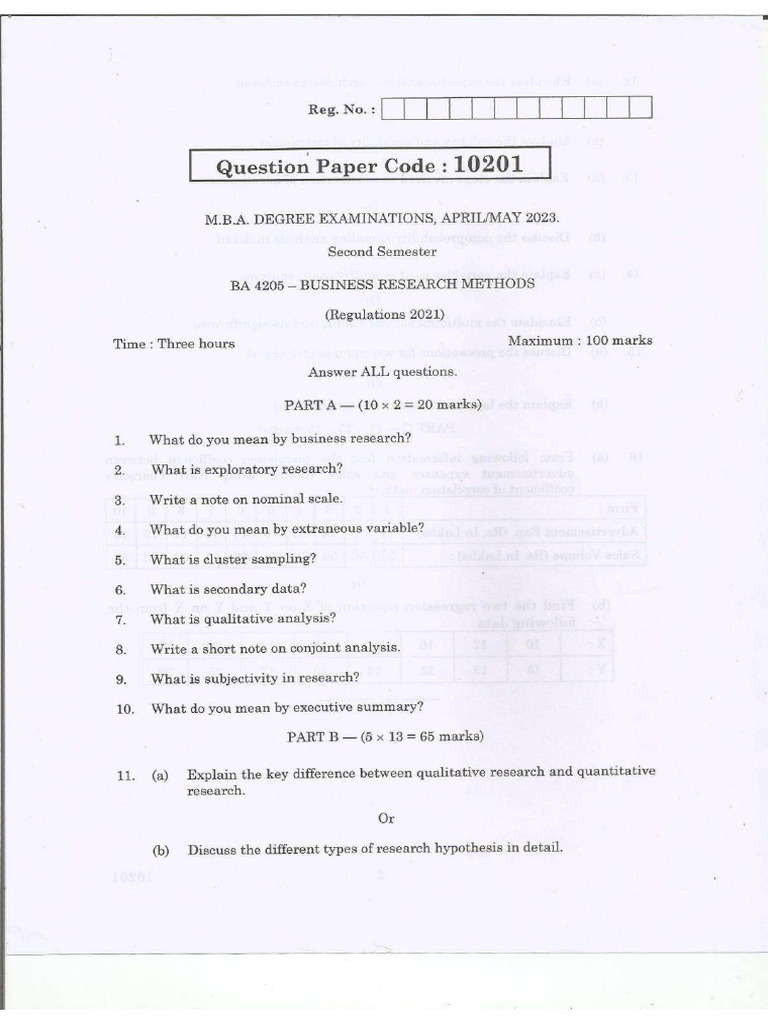 Business Research Methods - BA4205 2021 Regulation - Question Paper ...