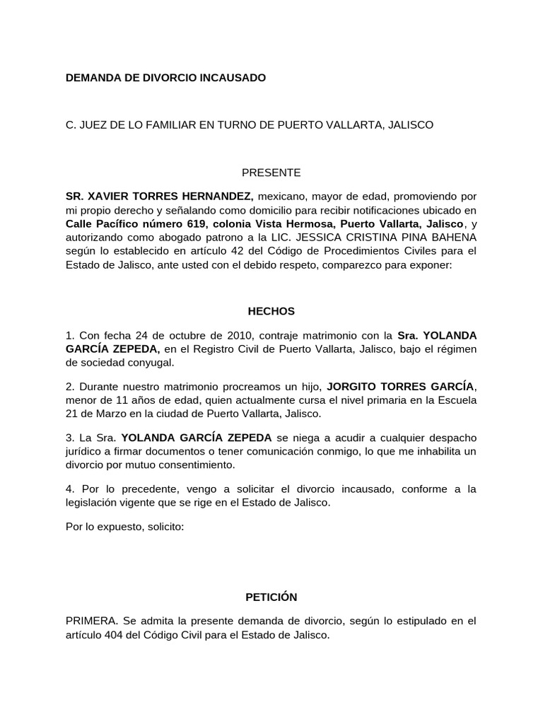 Demanda de Divorcio Incausado en Jalisco | PDF