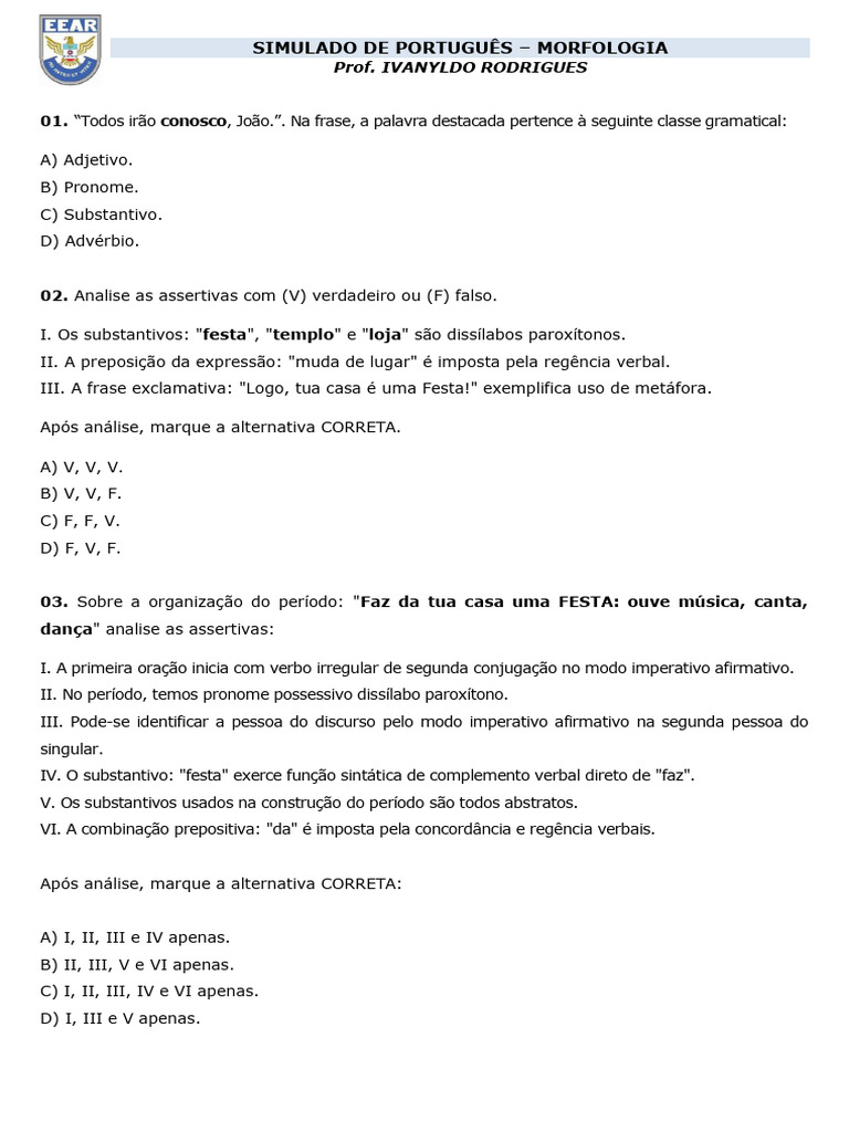 Simulado de Português: Morfologia e Análise Gramatical | PDF | Pronome ...