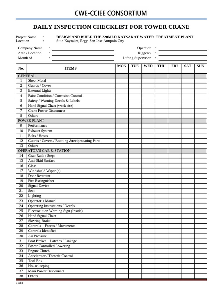 Daily Tower Crane Inspection Checklist | PDF | Crane (Machine) | Vehicles