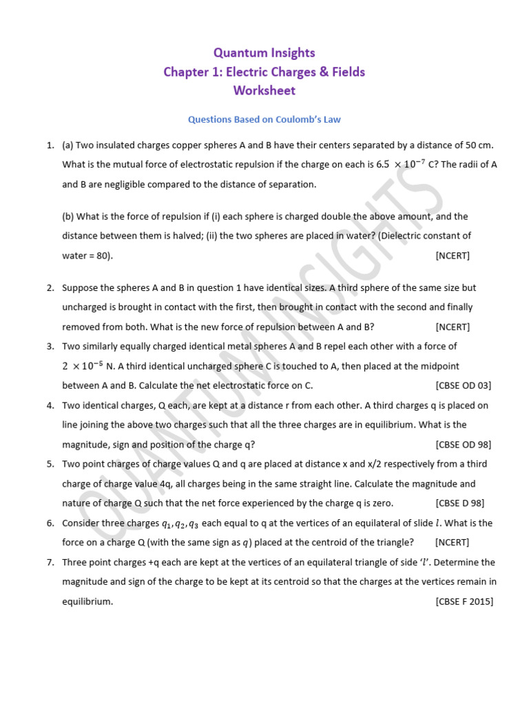 Questions - Electric Charges & Field | PDF | Force | Triangle