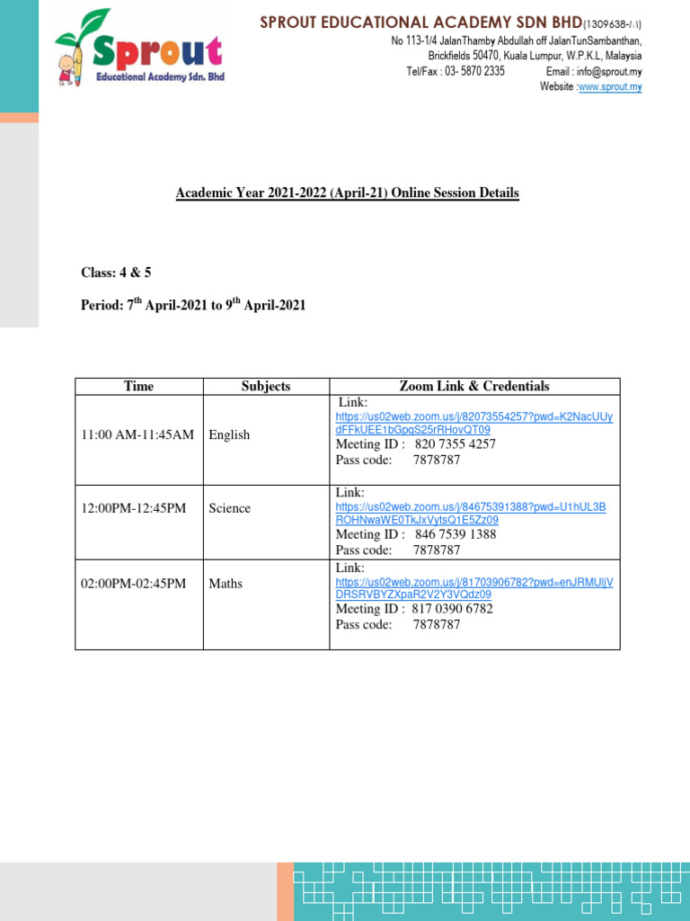 Sprout Educational Academy - Class-4 & 5 Online Session Details | PDF