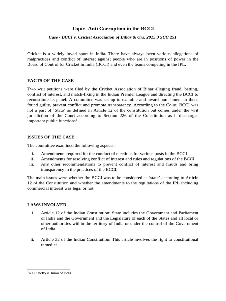 BCCI v. Cricket Association of Bihar Case Summary | PDF | Government ...