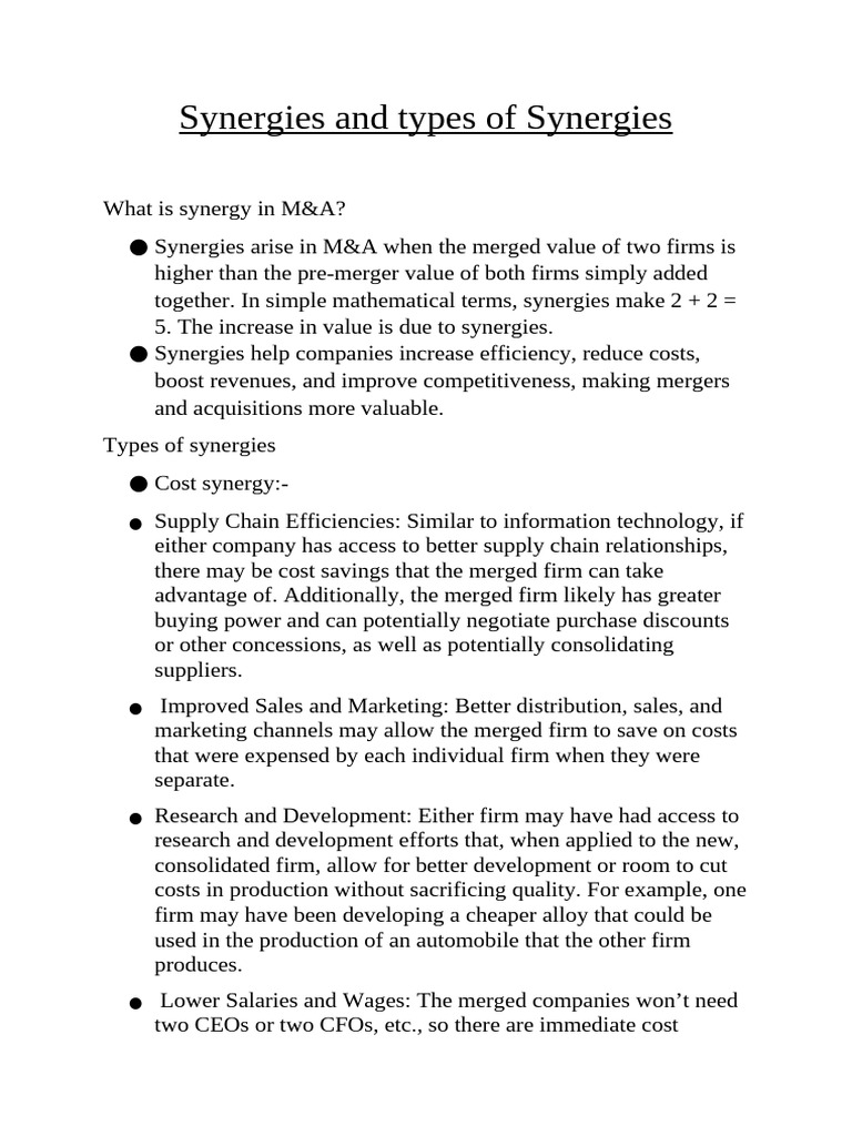 Types of Synergies in M&A Explained | PDF | Mergers And Acquisitions ...