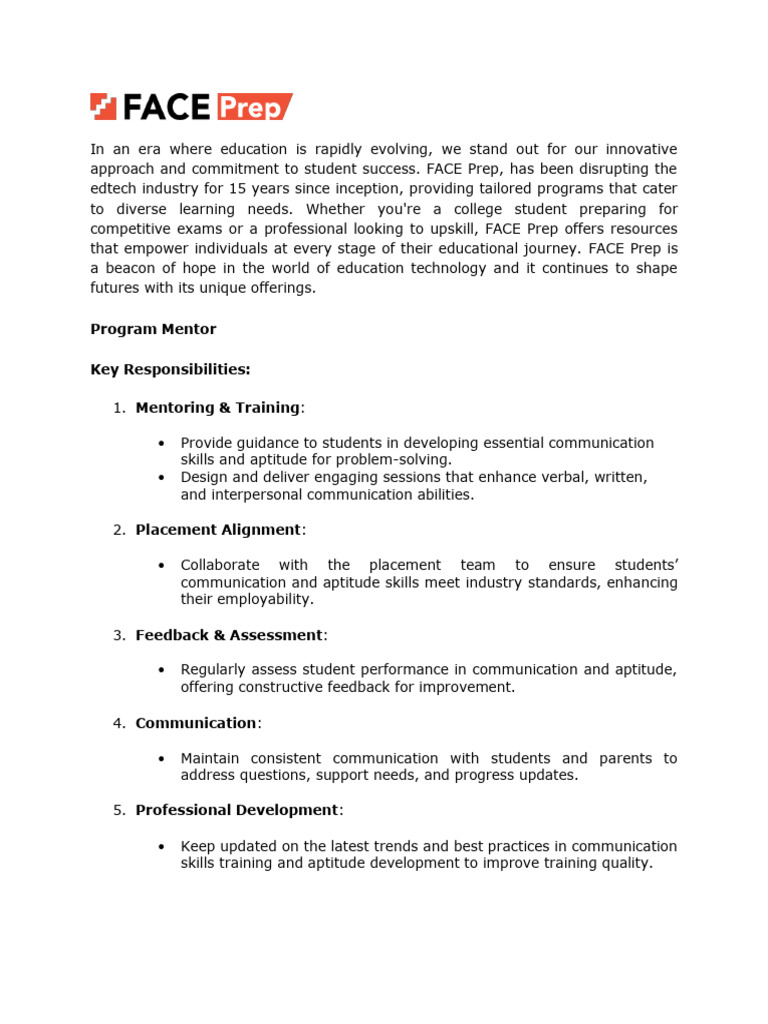 Program Mentor Role at FACE Prep 2025 | PDF | Communication | Mentorship