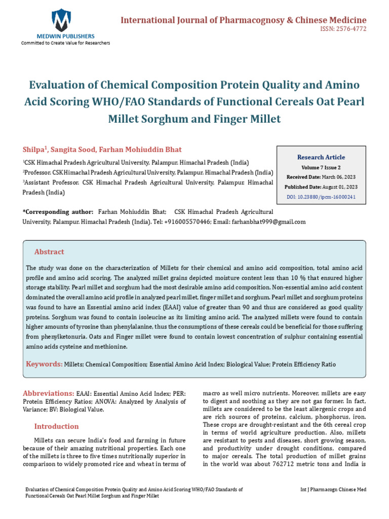 Evaluation of Chemical Composition Protein Quality and Amino Acid ...