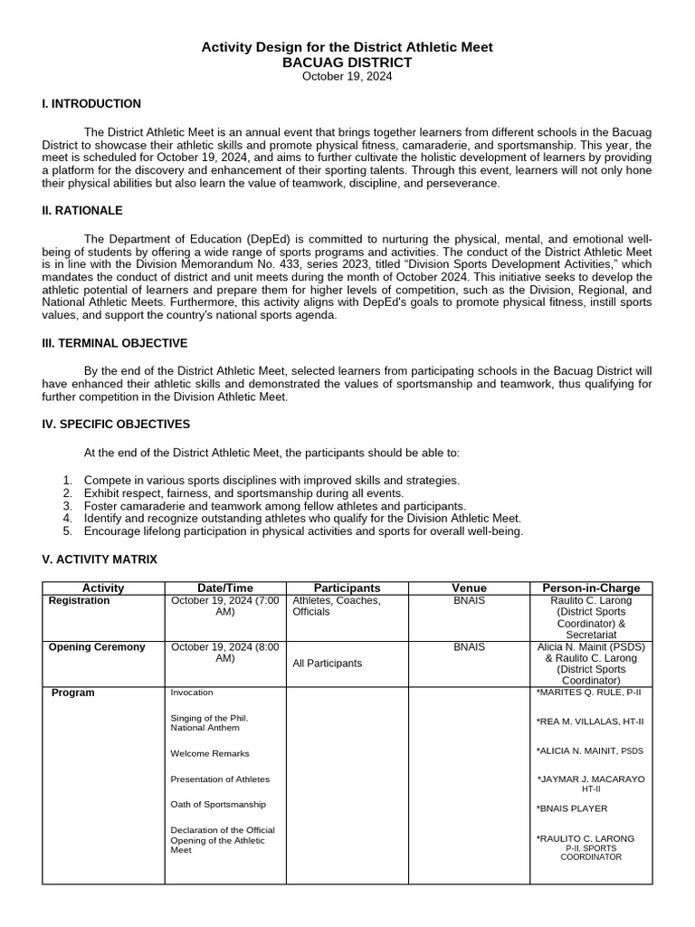 Activity Design For The District Athletic Meet October 19, 2024 | PDF ...