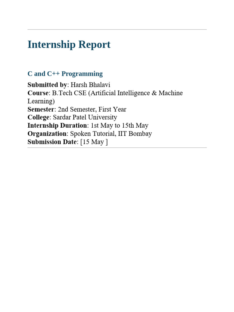 C and C++ Internship Report Summary | PDF | C++ | Computer Programming