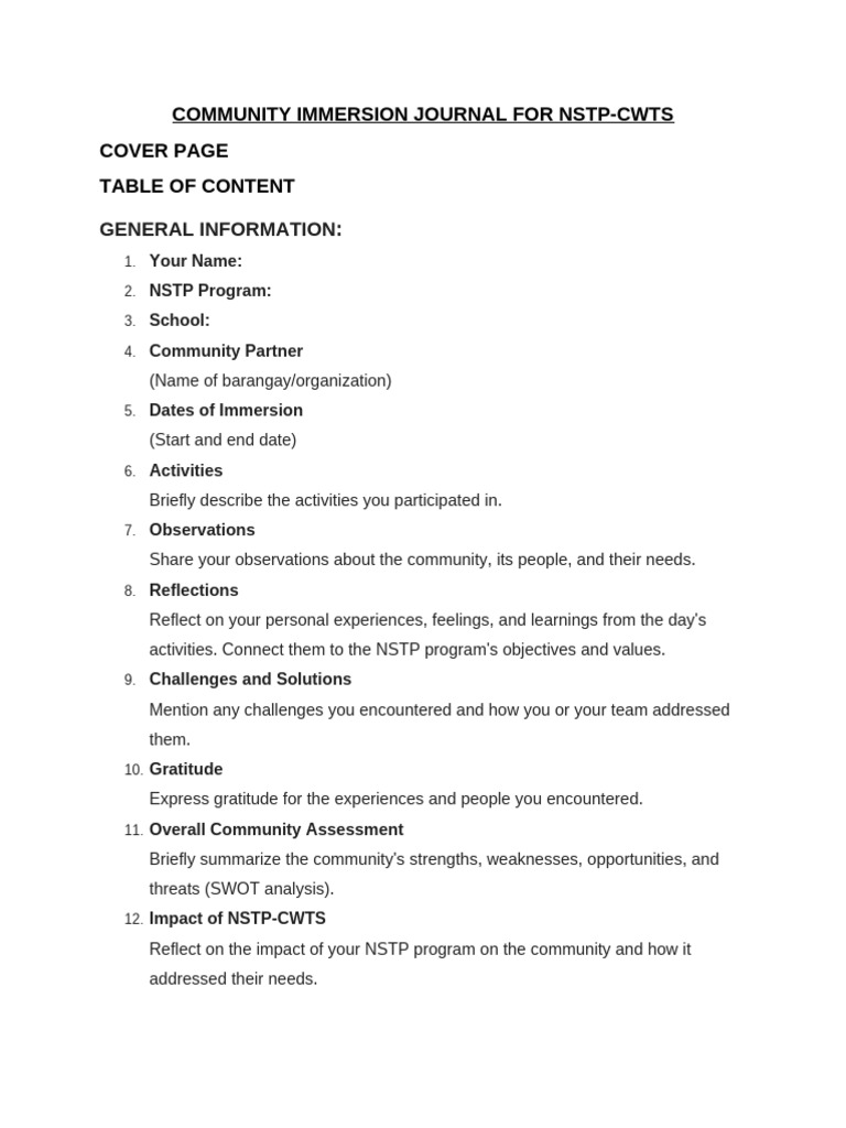 NSTP-CWTS Community Immersion Journal | PDF | Social Psychology