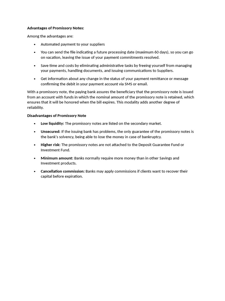 Advantages and Disadvantages of Promissory Notes | PDF