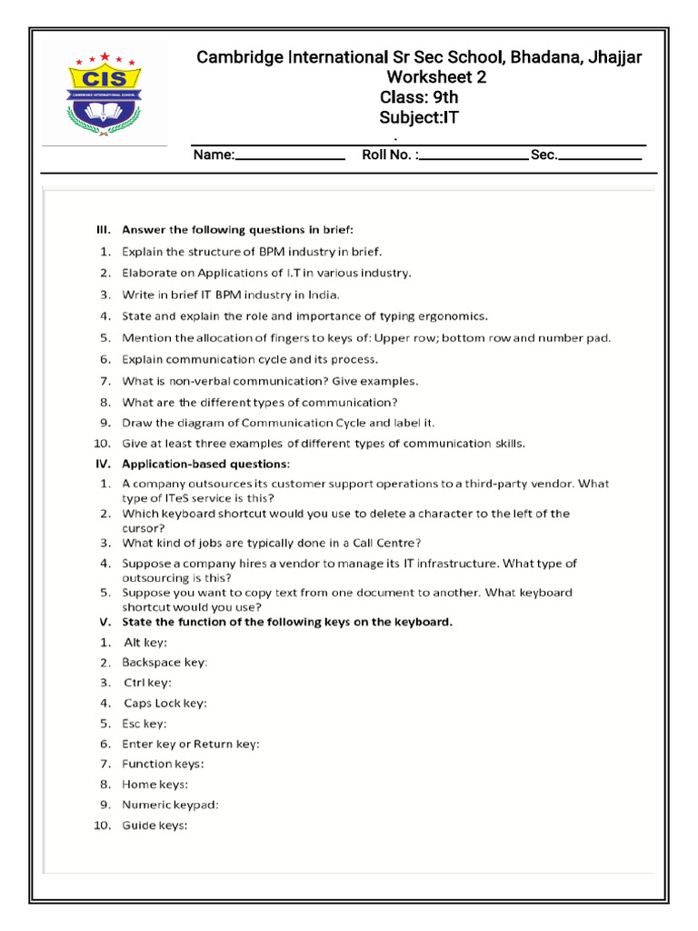 Class 9 IT Worksheet - Cambridge School | PDF