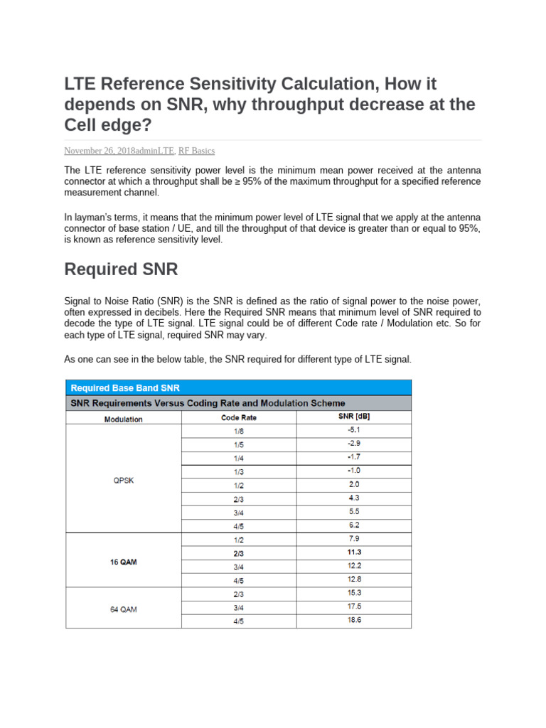 LTE Reference Sensitivity and SNR Analysis | PDF | Signal To Noise ...