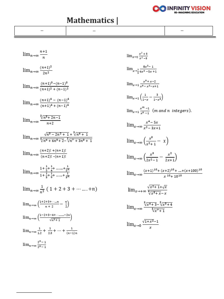 Class 11 Limits Practice Sheet | PDF