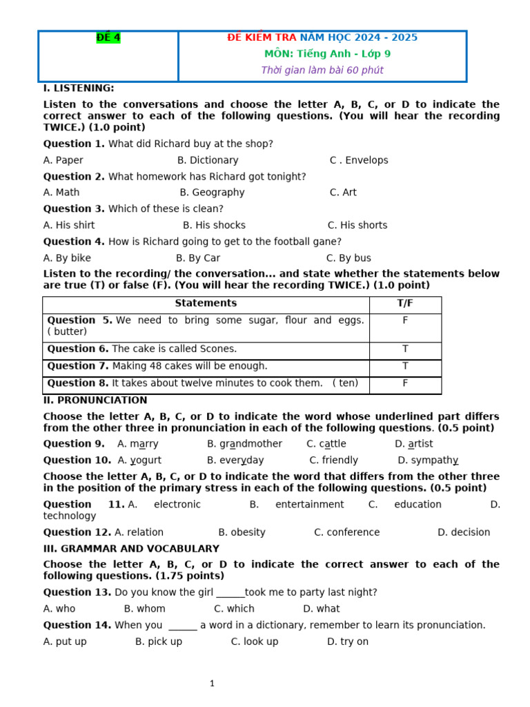 English Test for 9th Grade Students | PDF | English Language | Learning