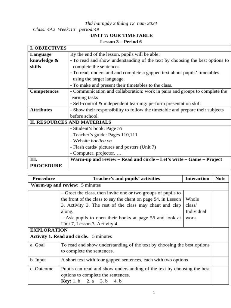 Timetable Lesson Plan for Class 4A2 | PDF | Reading Comprehension ...