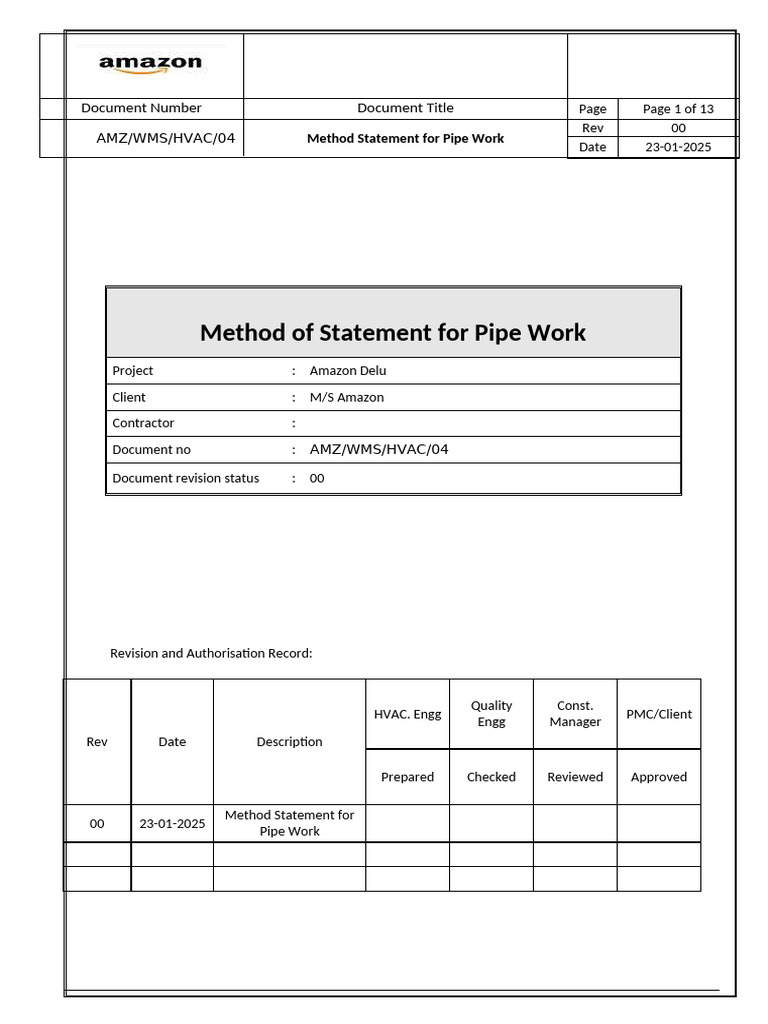HVAC Pipe Work Method Statement | PDF | Pipe (Fluid Conveyance ...