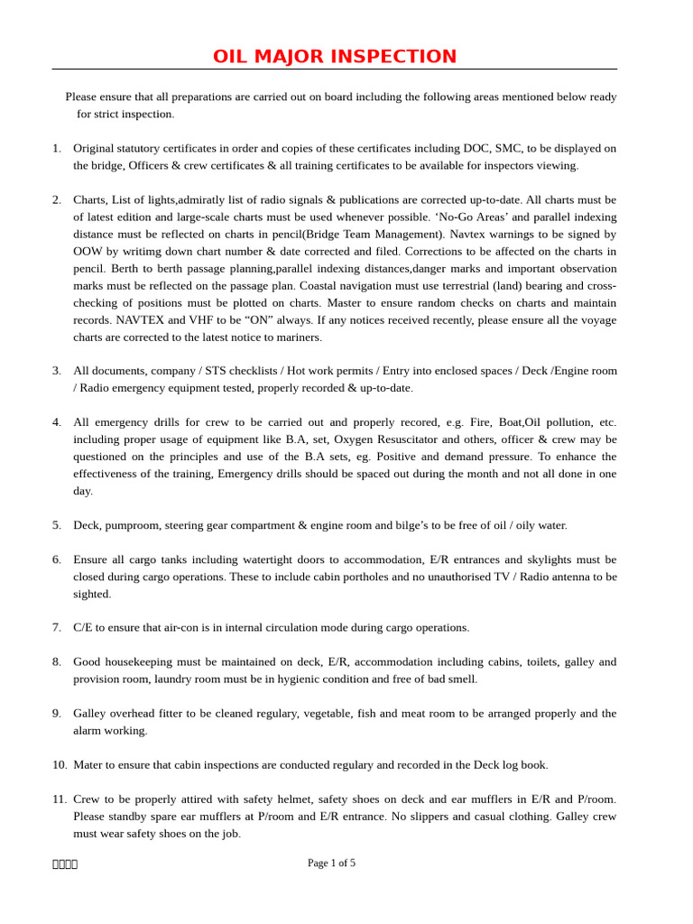 Oil Major Inspection Checklist | PDF | Navigation