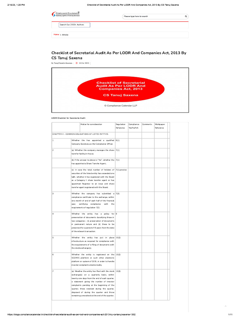 Secretarial Audit Checklist LODR 2013 | PDF | Auditor's Report ...