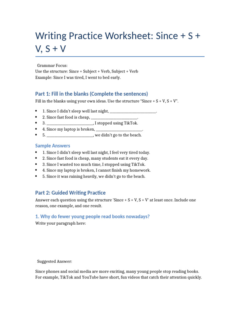 Since Structure Writing Worksheet | PDF