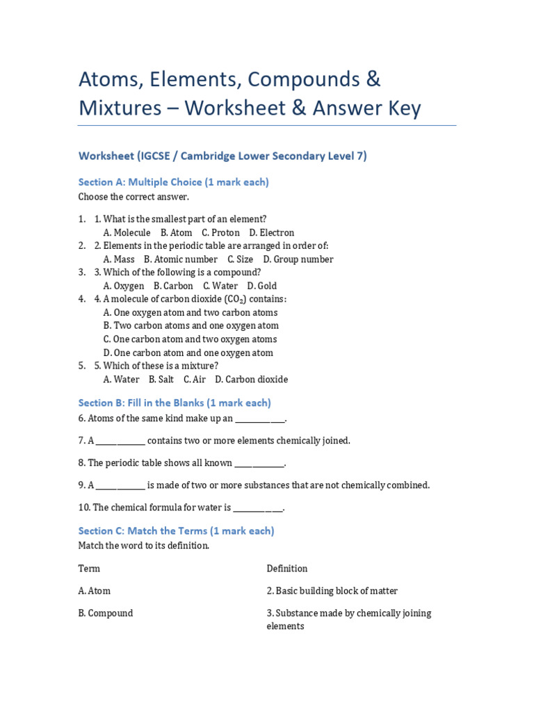 Atoms, Elements & Compounds Worksheet | PDF | Chemical Substances ...