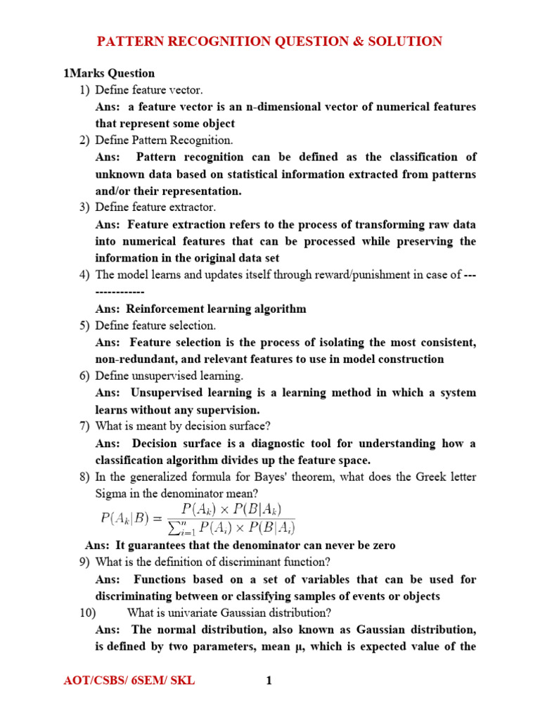 Pattern Recognition Q&A Guide | PDF | Pattern Recognition | Normal ...
