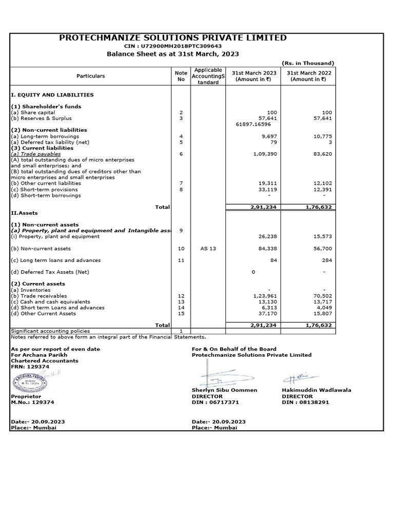 Protechmanize Solutions Balance Sheet 2023 | PDF | Money | Balance Sheet