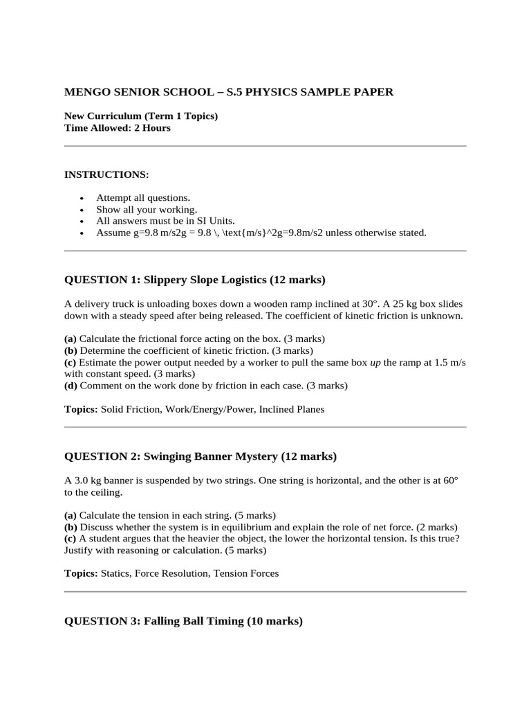 S.5 Physics Sample Paper - Mengo School | PDF | Force | Friction