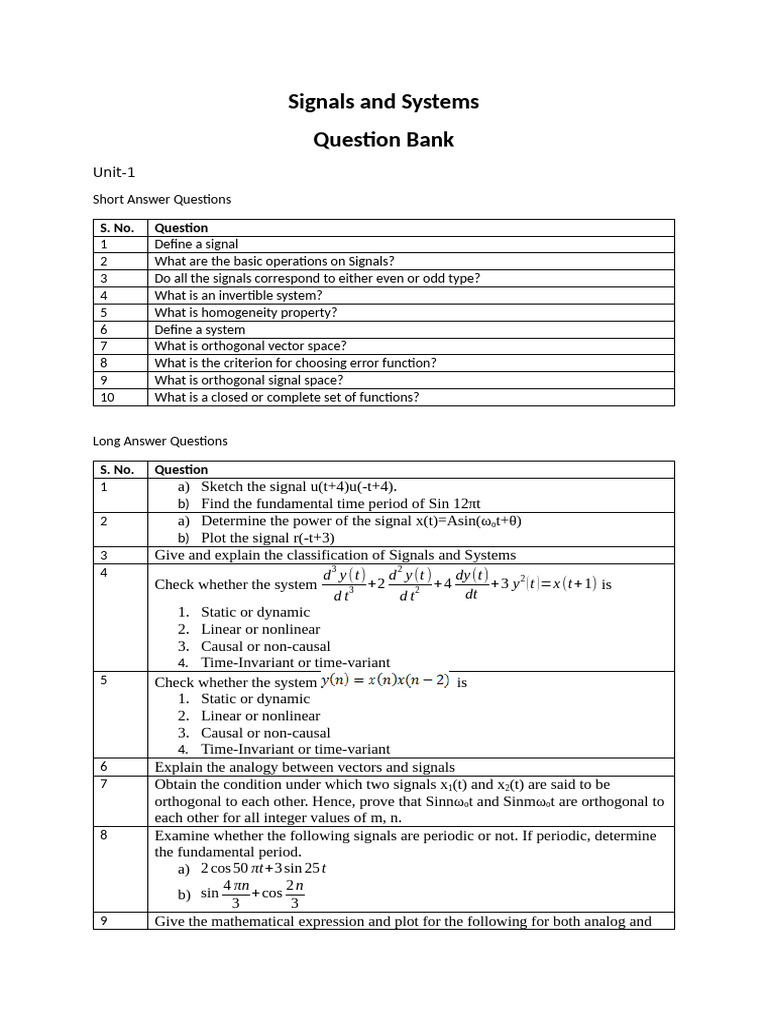 Signals and Systems Question Bank | PDF | Fourier Series | Laplace ...