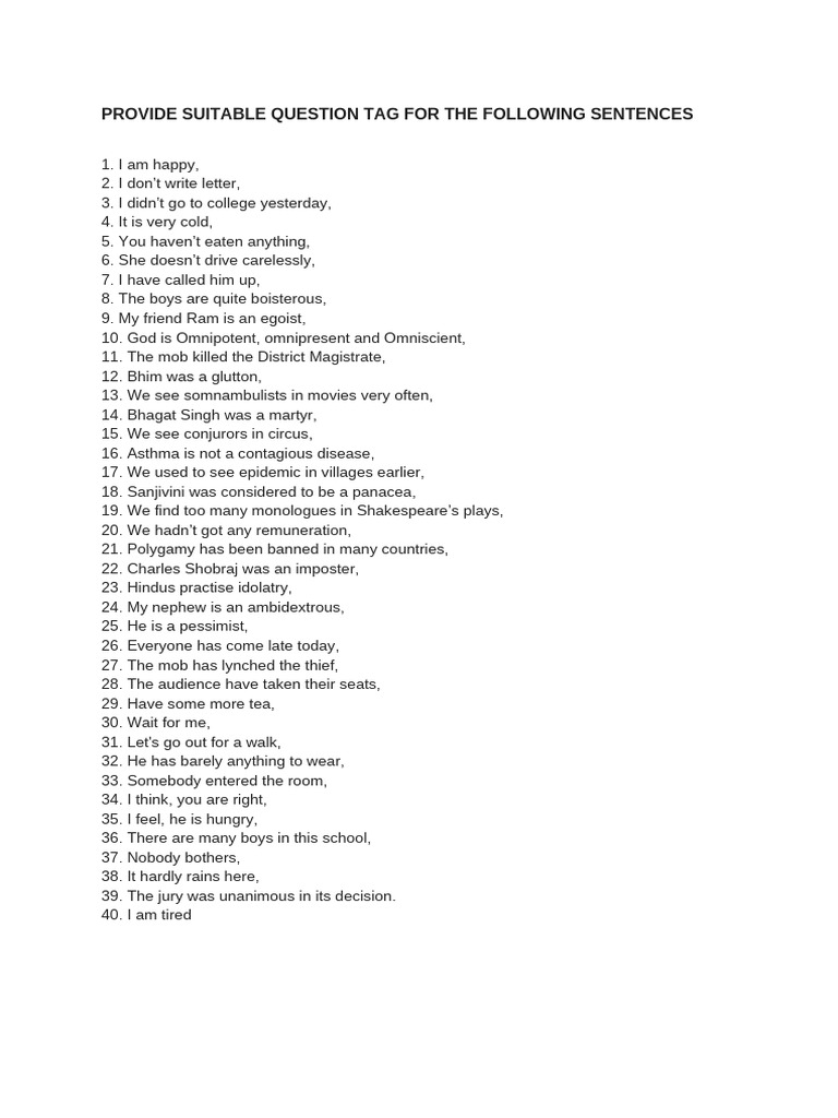 Question Tags for Various Sentences | PDF