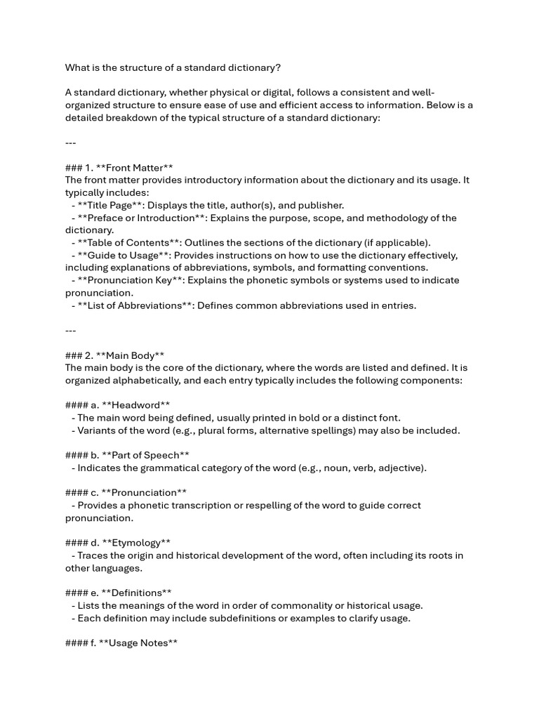 Structure of a Standard Dictionary | PDF | Dictionary | Linguistic