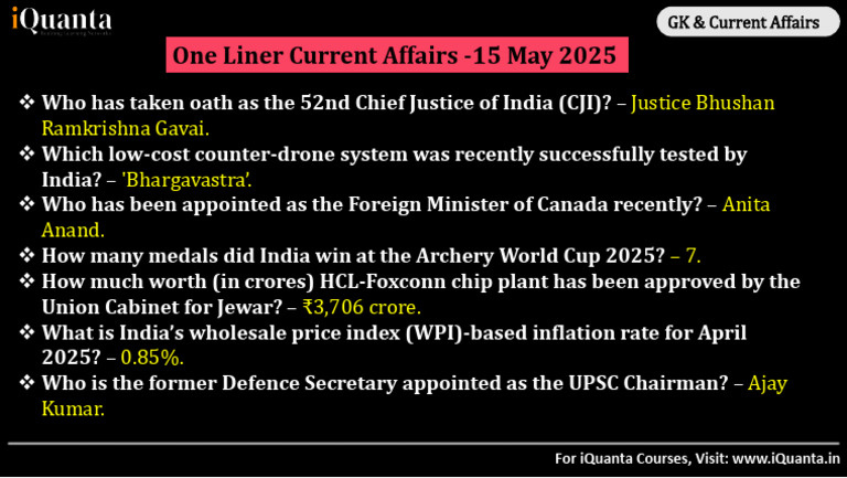 Daily One Liner Current Affairs - 15 May 2025 | PDF