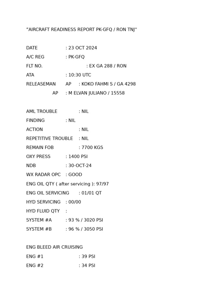 Aircraft Readiness Report PK-GFQ 23 Oct 2024 | PDF | Transport | Aerospace