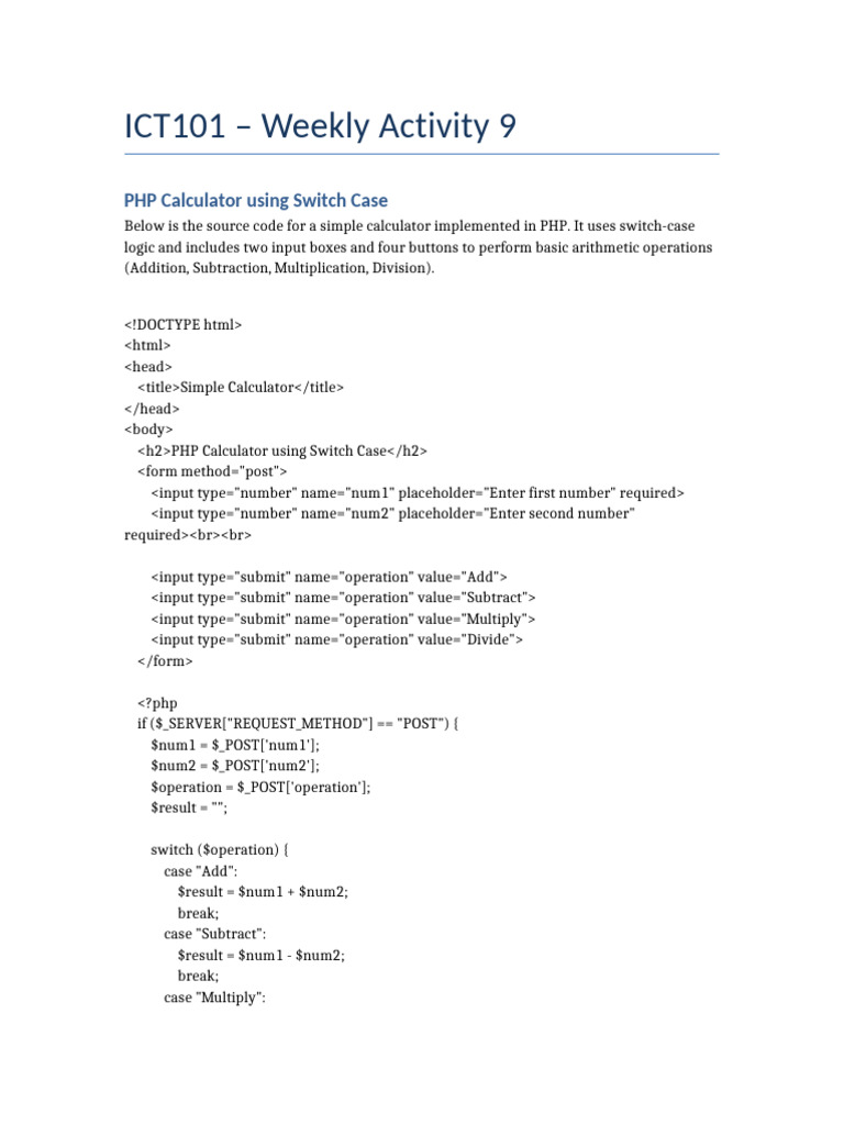 PHP Switch Case Calculator Code | PDF