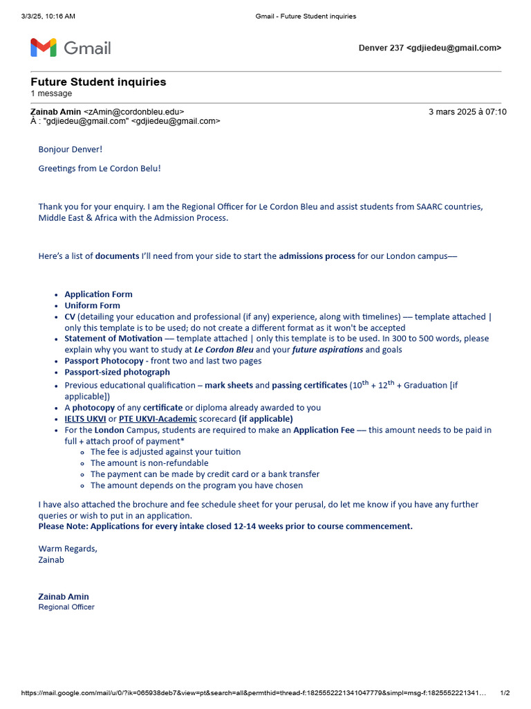 Le Cordon Bleu London Admission Guide | PDF