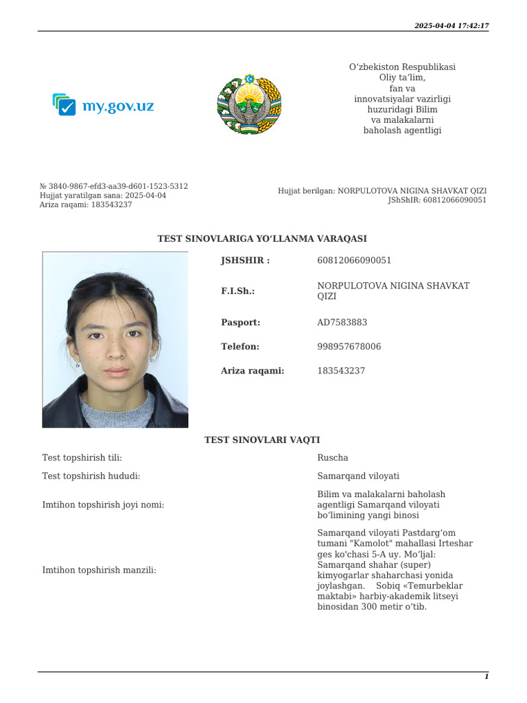 Test Sinovlariga Yo Llanma Varaqasi Jshshir: F.I.Sh.: Pasport: Telefon ...