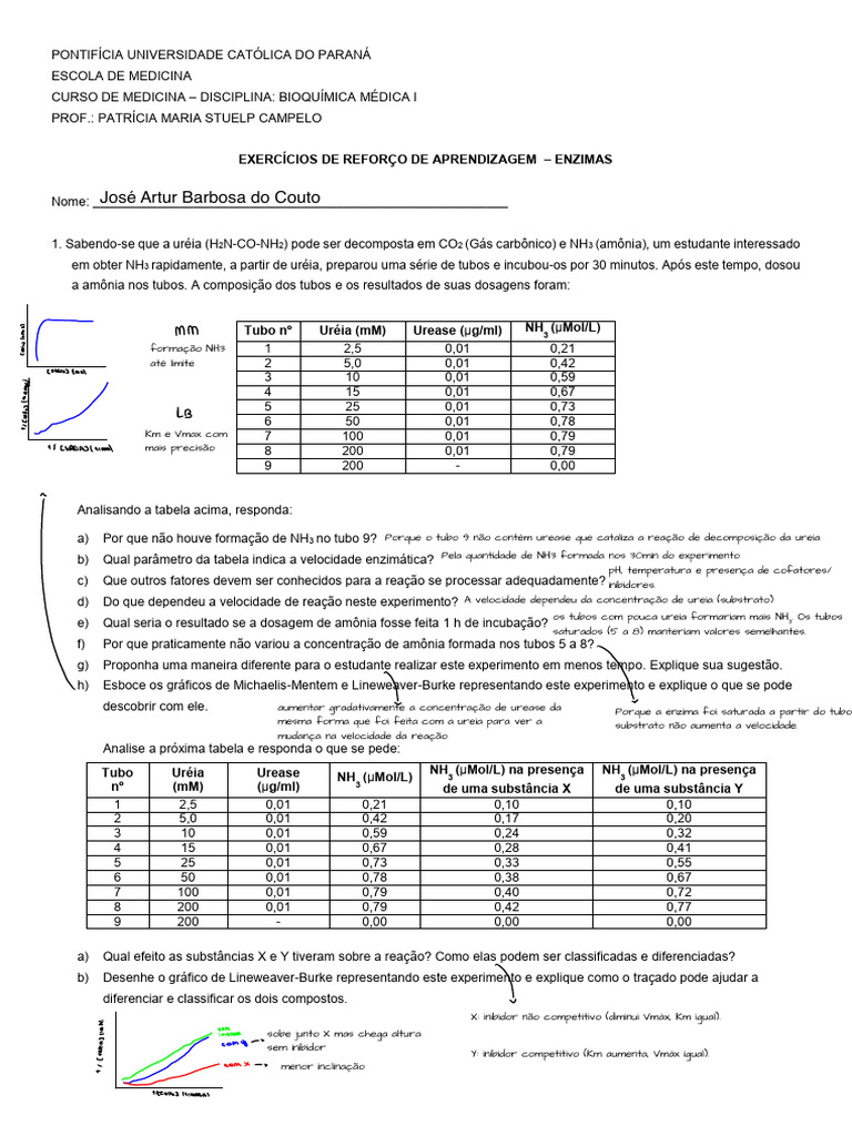 exerc%C3%ADcios+enzimas+Med1 | PDF | Enzima | Química
