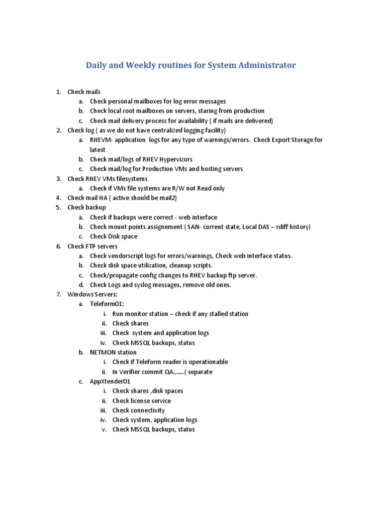 System Administrator Daily & Weekly Tasks | PDF